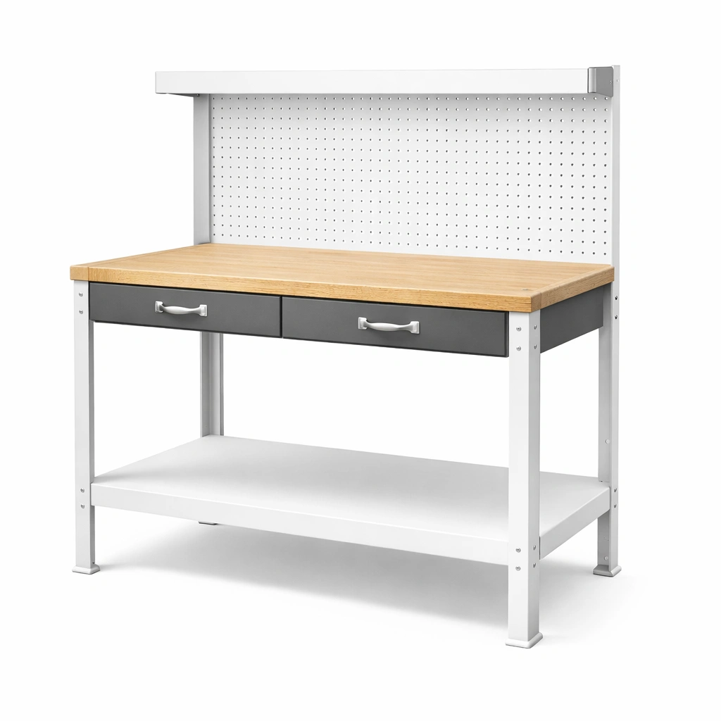Werkbank mit Eichenplatte und Metallrahmen Grau-HOMECHARMZ