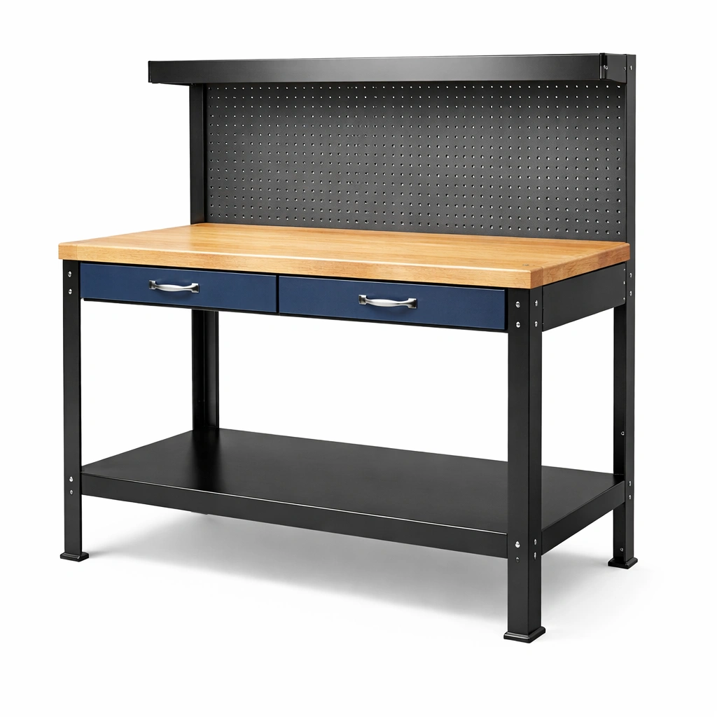 Werkbank Holz Metall Schwarz Blau mit Schubladen 120x60x150 cm-HOMECHARMZ