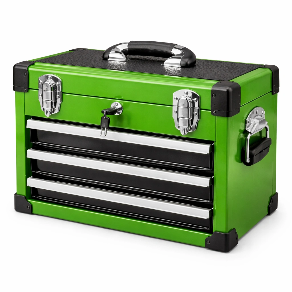 Werkzeugkiste Stahl und ABS Kunststoff Grün mit 3 Schubladen-HOMECHARMZ
