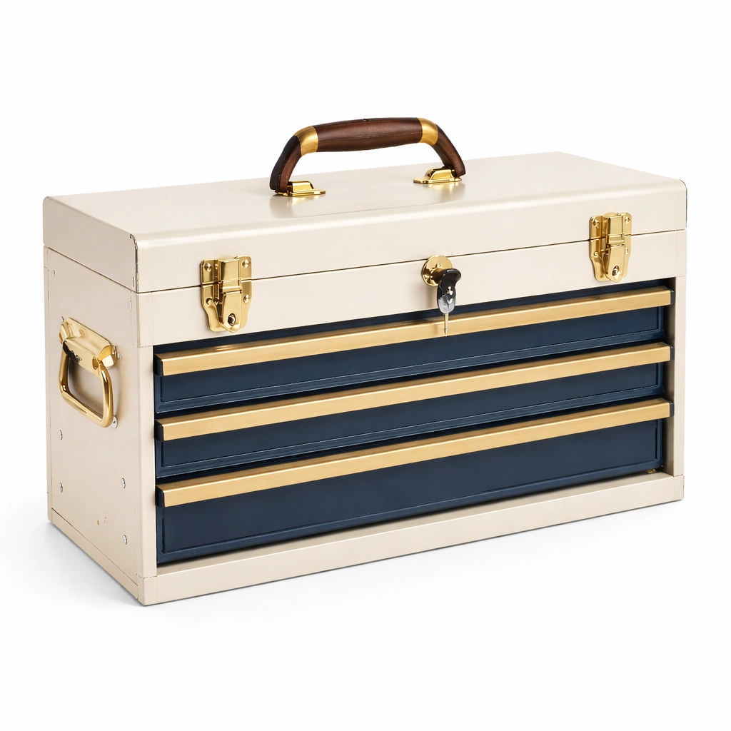 Werkzeugkiste Metall Beige Blau mit 3 Schubladen-HOMECHARMZ