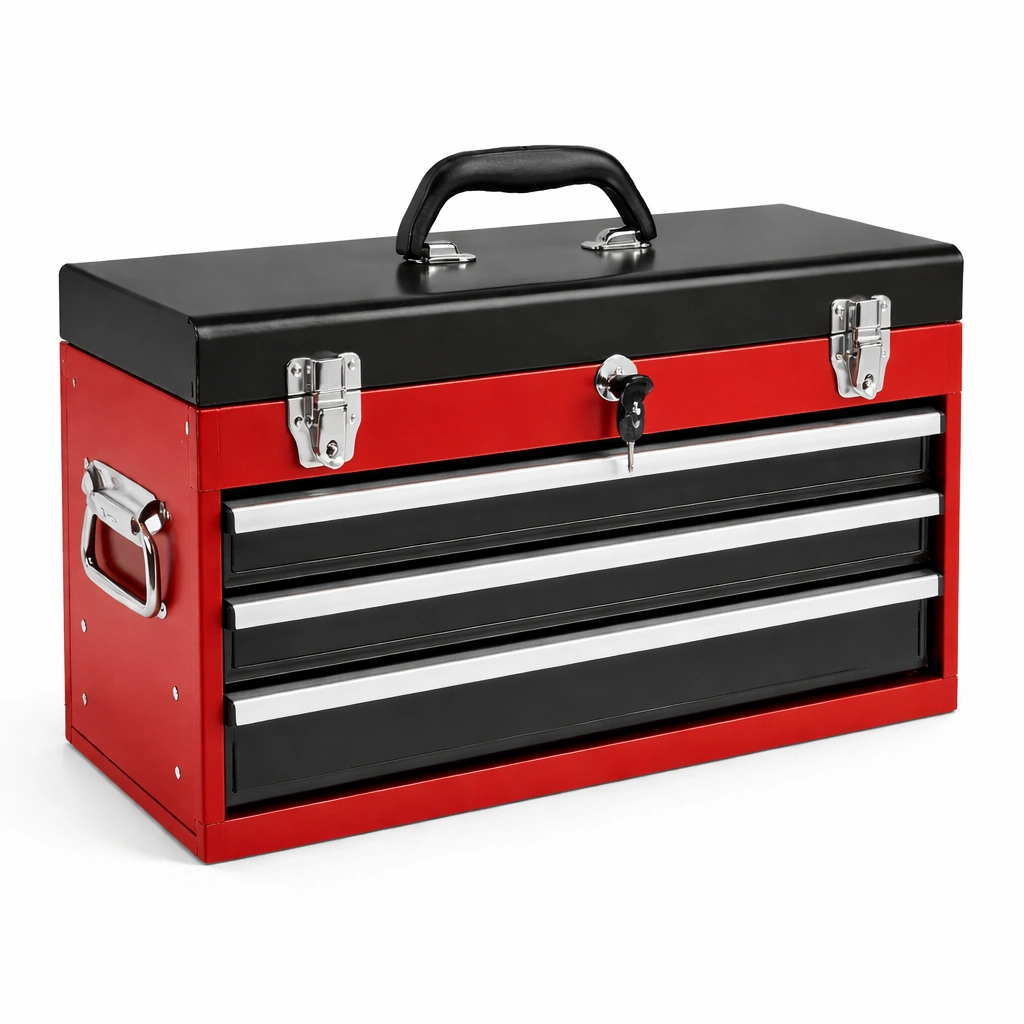 Werkzeugkiste Stahl Rot Schwarz mit 3 Schubladen-HOMECHARMZ