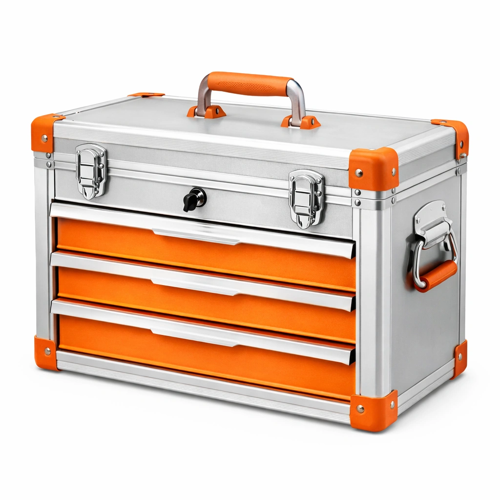 Werkzeugkiste Aluminium Silber Orange mit 3 Schubladen und Schloss-HOMECHARMZ