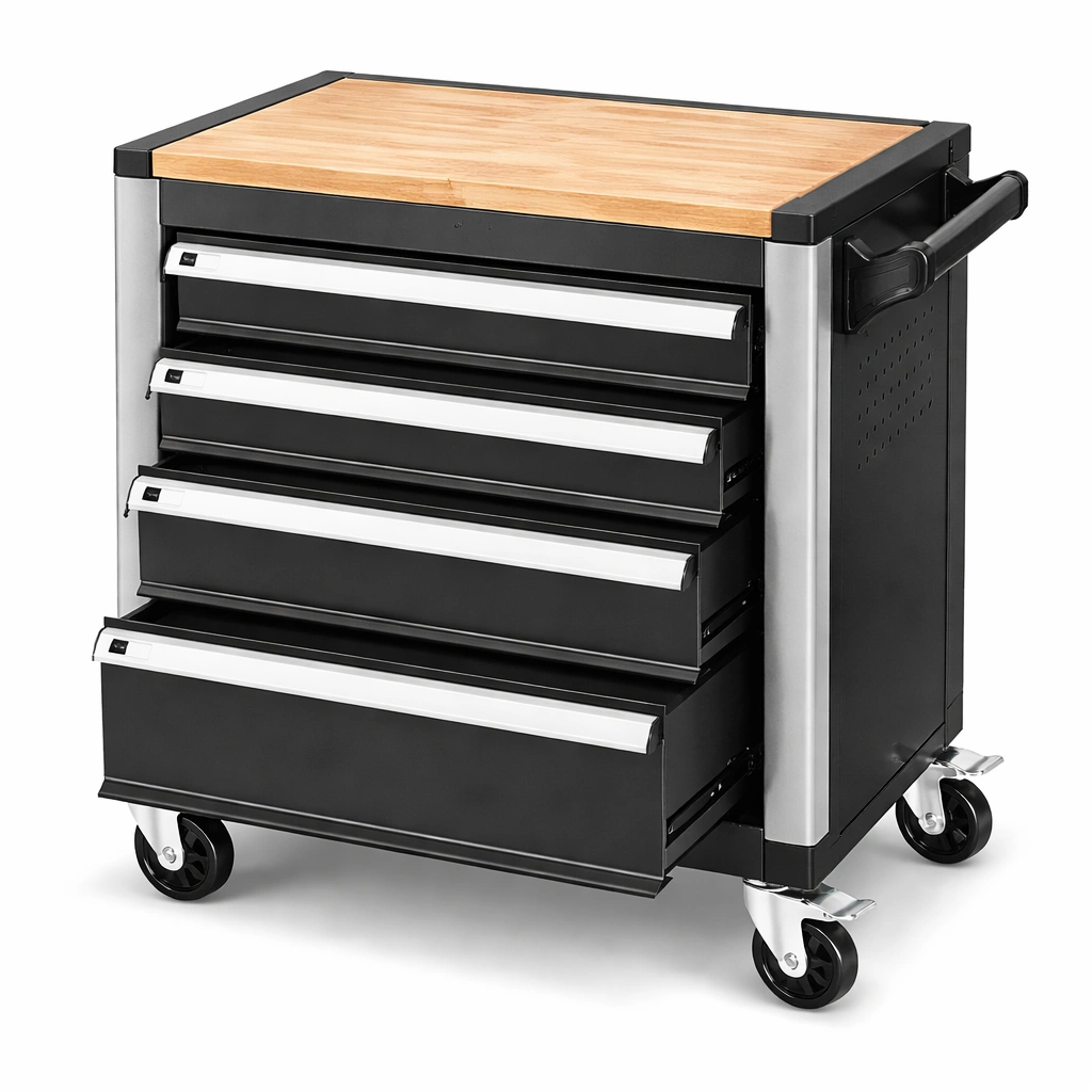 Werkzeugwagen Metall mit 5 Schubladen und Buchenholzoberfläche-HOMECHARMZ