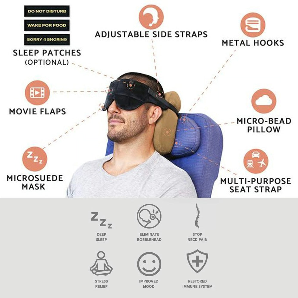 Travel Pillow with Eye Mask – Seat-Attached Support, Light Blocking, Travel Sleep Comfort