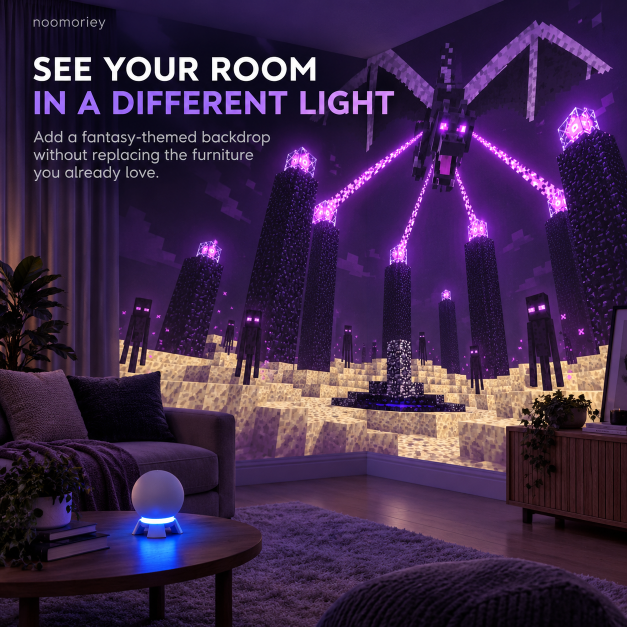 Cozy living room styled with a pixel fantasy themed ambient scene