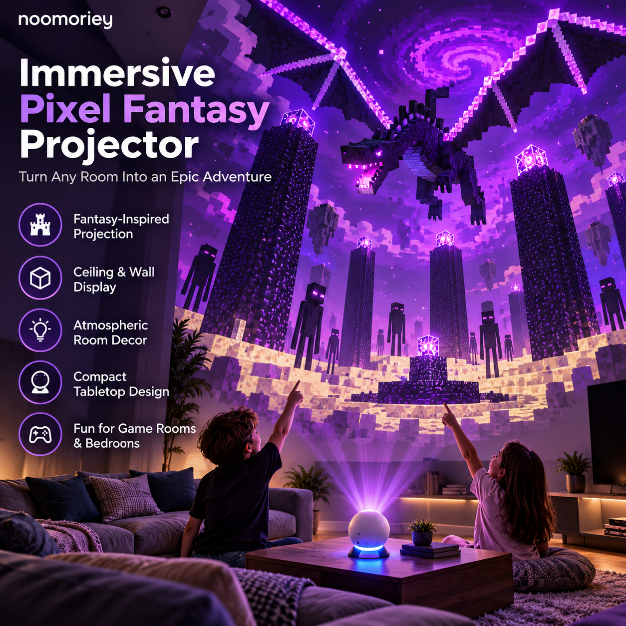 Pixel Fantasy Scene Projector with immersive block-style fantasy scene