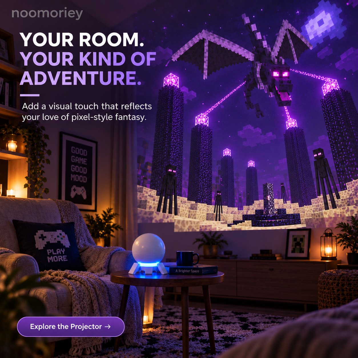 Cozy bedroom and living room decorated with atmospheric pixel fantasy themed lighting