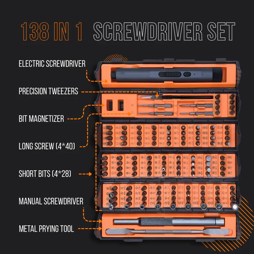 138‑in‑1 Repair Kit – Electric + Manual Screwdriver, Type‑C, LED Light