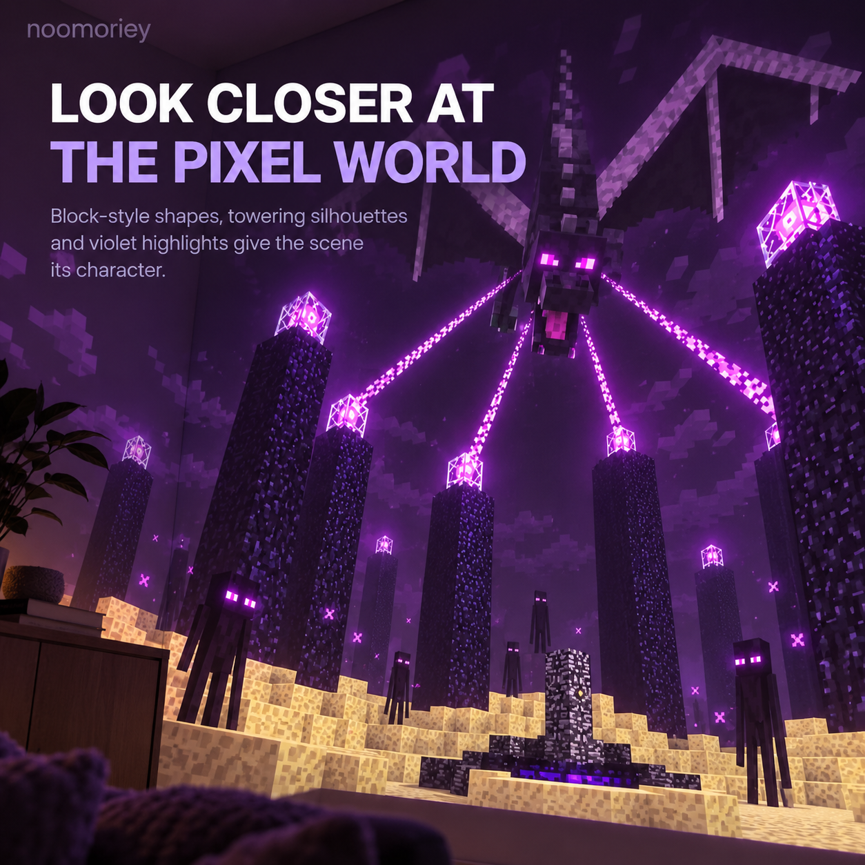 Detailed block-style dragon fantasy scene with atmospheric pixel world artwork