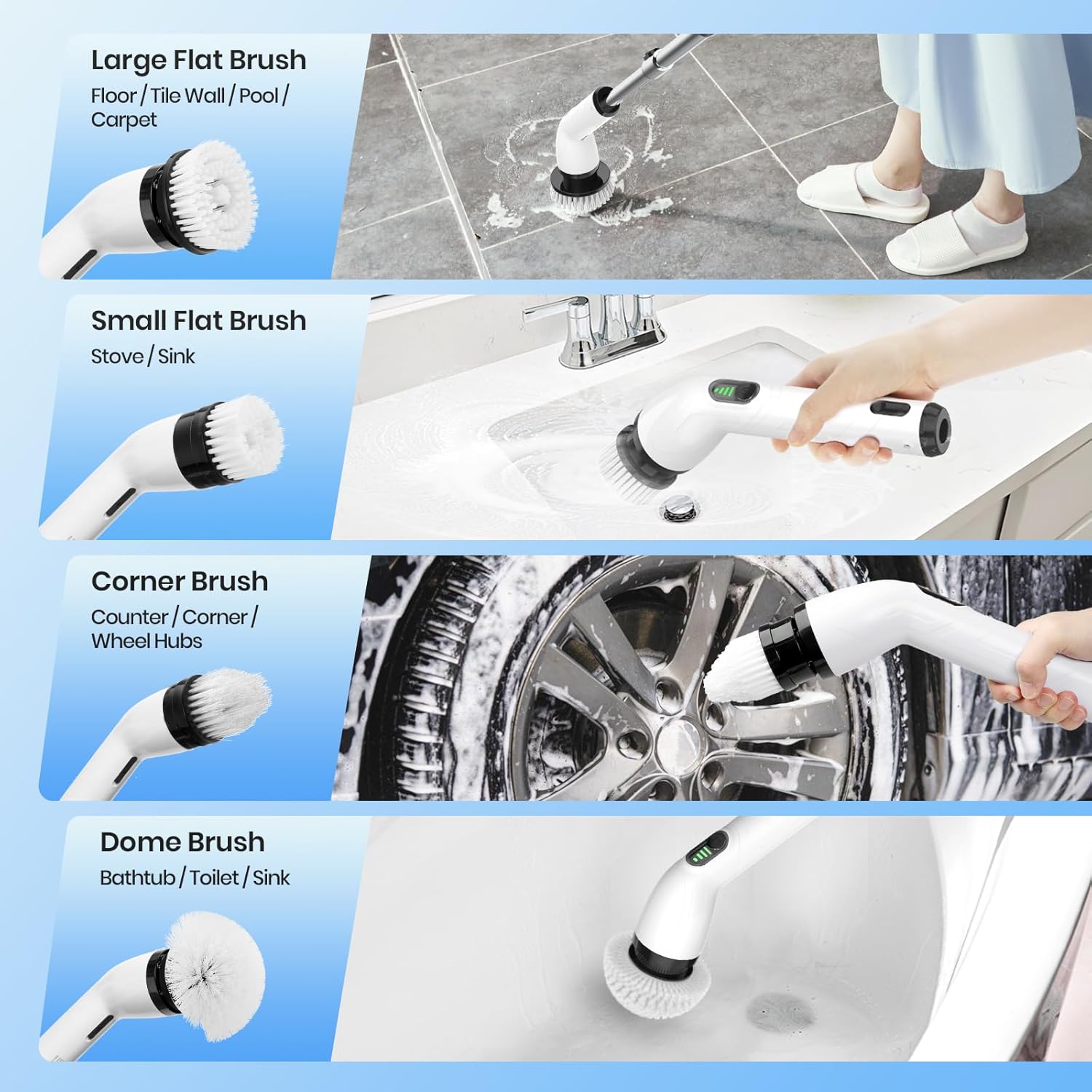 Electric rotating cleaning brush, IPX7 waterproof cordless shower cleaning brush