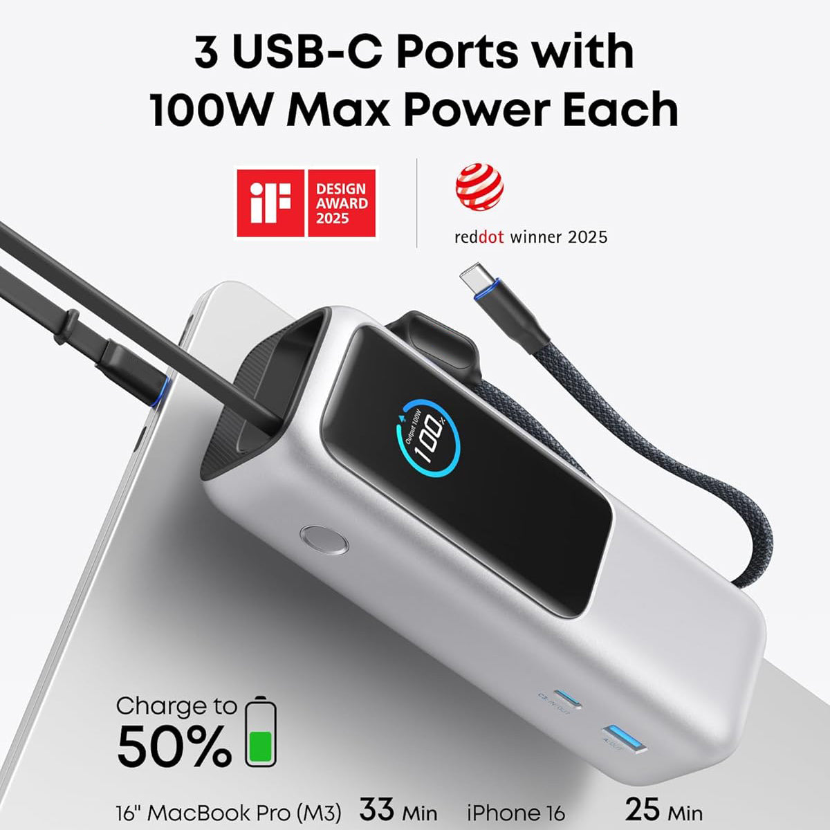 Power Bank – 25,000mAh Portable Charger | Triple 100W USB-C Ports
