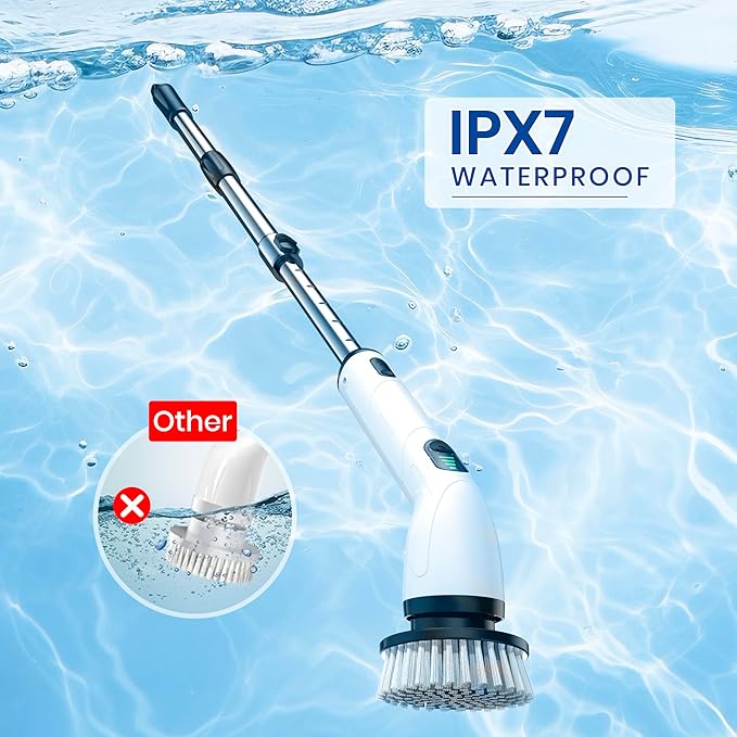 Electric rotating cleaning brush, IPX7 waterproof cordless shower cleaning brush