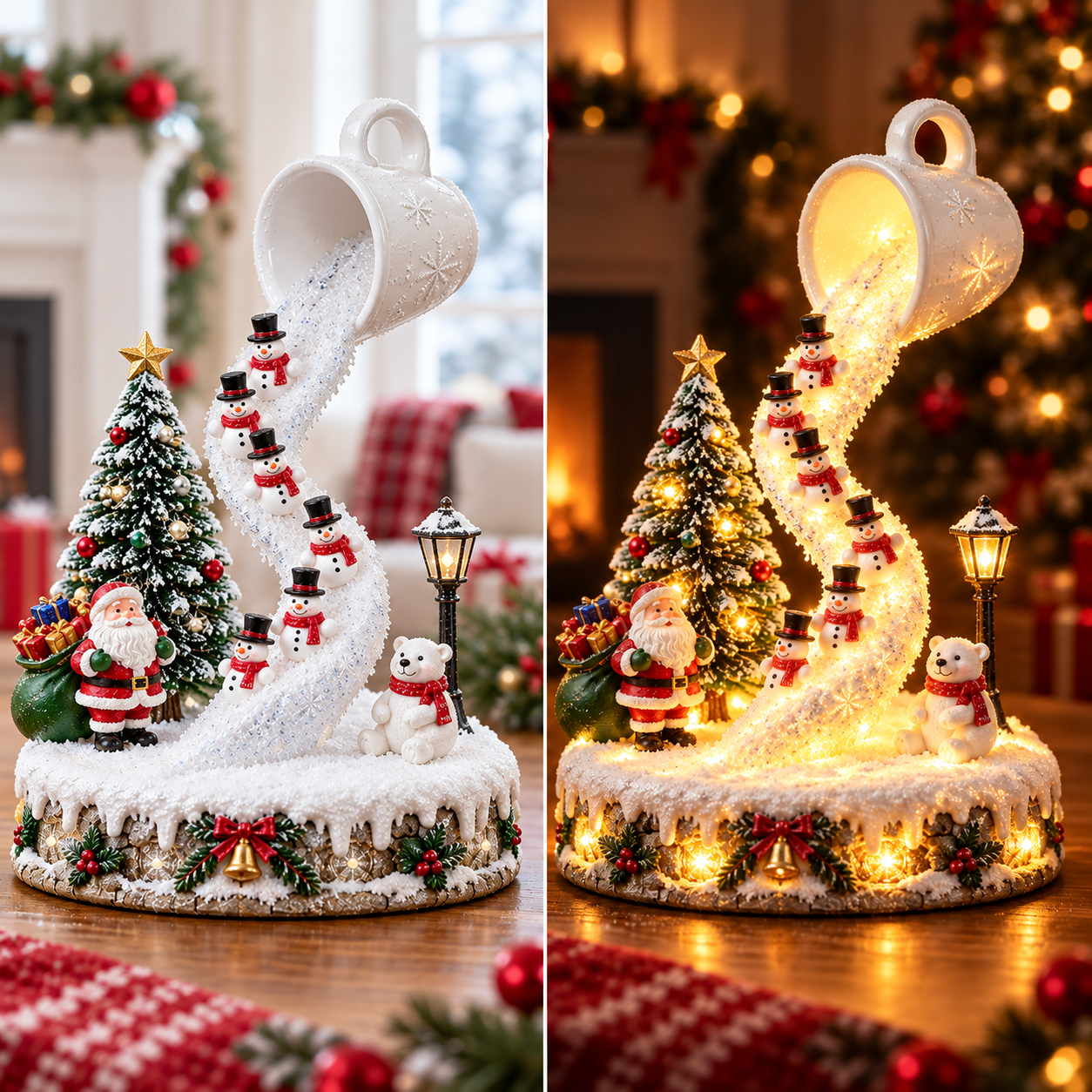 Daytime and nighttime lighting comparison of Snowmen