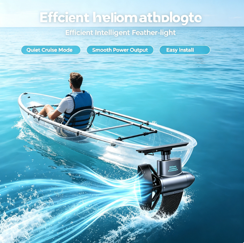 TURN YOUR KAYAK INTO AN E‑BOAT IN SECONDS Tool‑Free Mount. Wireless Remote. 150‑Min Runtime.