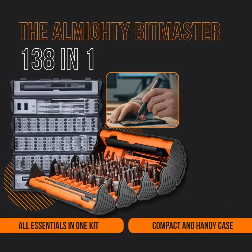 138‑in‑1 Repair Kit – Electric + Manual Screwdriver, Type‑C, LED Light