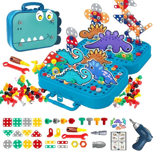 Electric Drill Dino Set – 351 Pcs, 2D & 3D Dinosaurs, STEM Toy