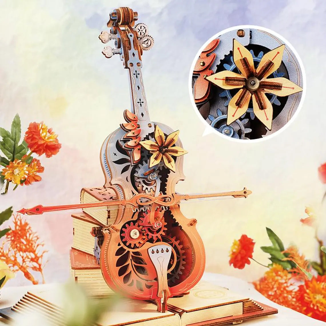 Magic Cello Music Box 3D Wooden Puzzle Mechanical Wind-Up Model