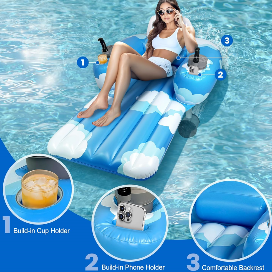 Motorized Pool Lounger  Dual Motors with Canopy & Cup Holder