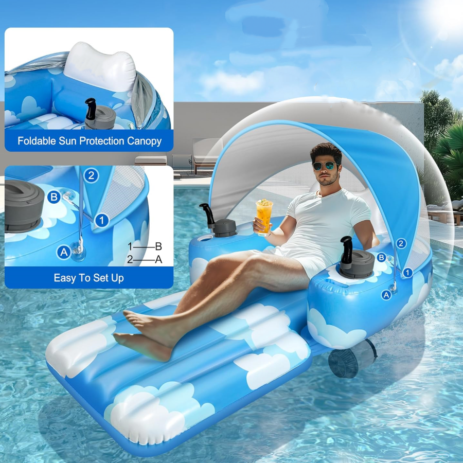 Motorized Pool Lounger  Dual Motors with Canopy & Cup Holder
