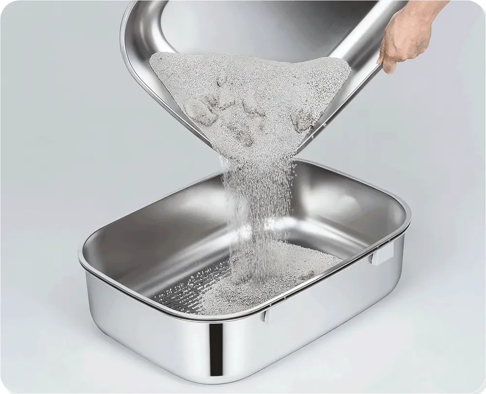 Triple-tray stainless steel litter box sifting process