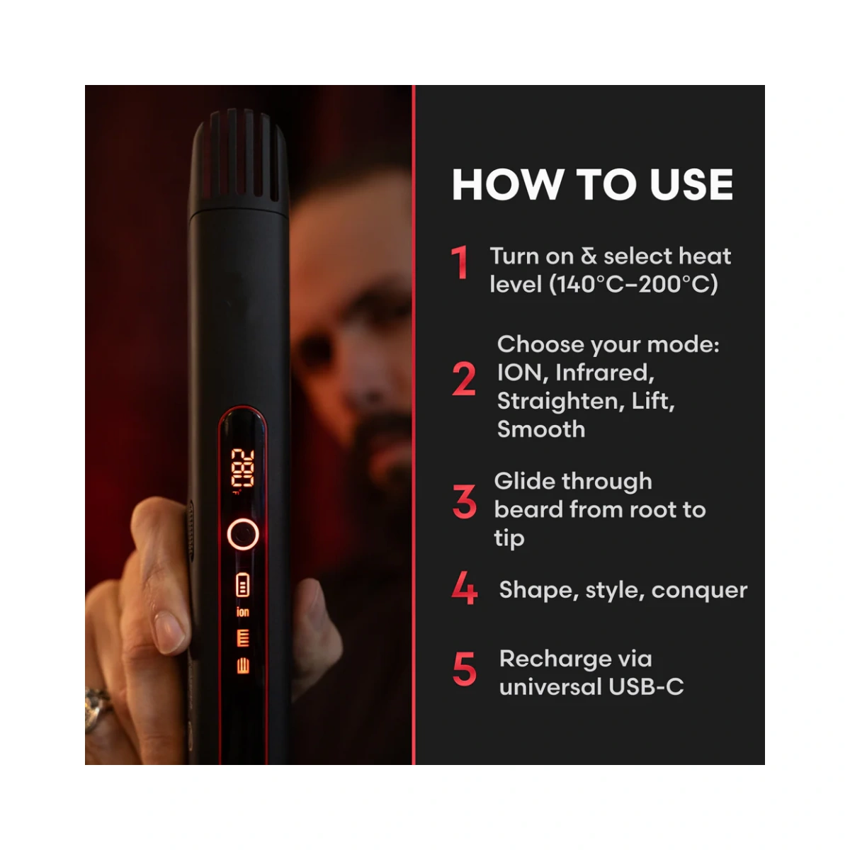 Professional Beard Straightener – 5-in-1 Styling Tool with Dual Battery & Infrared Technology 🧔✨