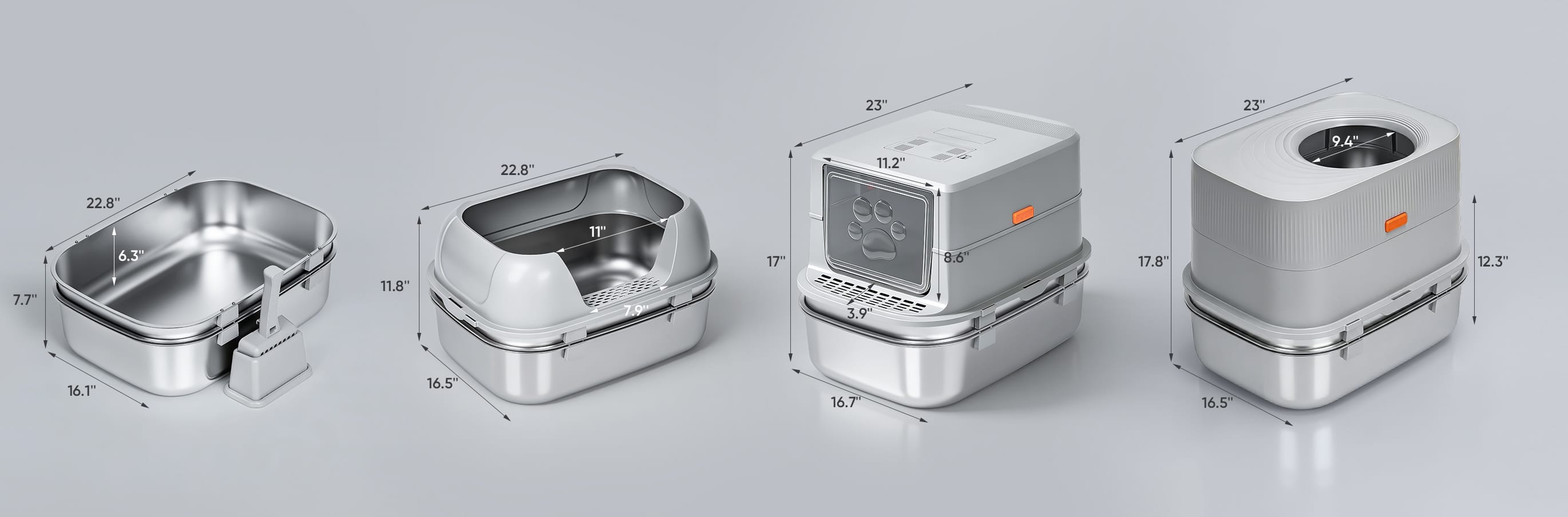 XL dimensions of basic, semi-enclosed, front-entry and top-entry litter box models