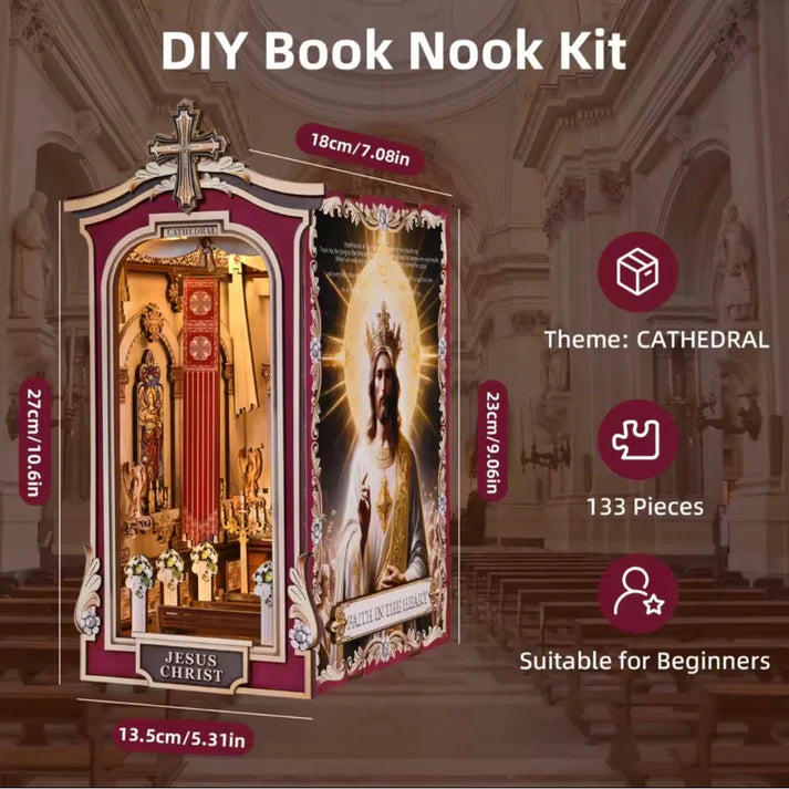 Mini Cathedral Book Nook – Wooden Puzzle with LED Bookend