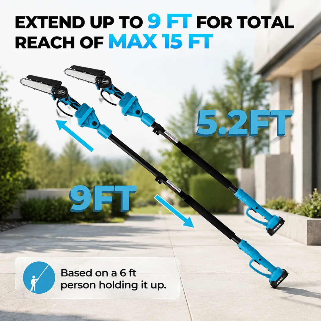 2-in-1 Cordless Pole Saw – 6″ Bar, 15ft Reach, 2 Batteries