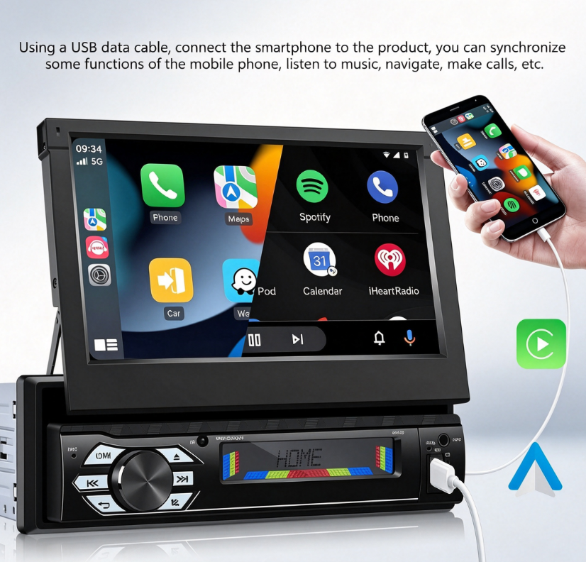 Single DIN Car Stereo with 7" Flip-Out Touchscreen