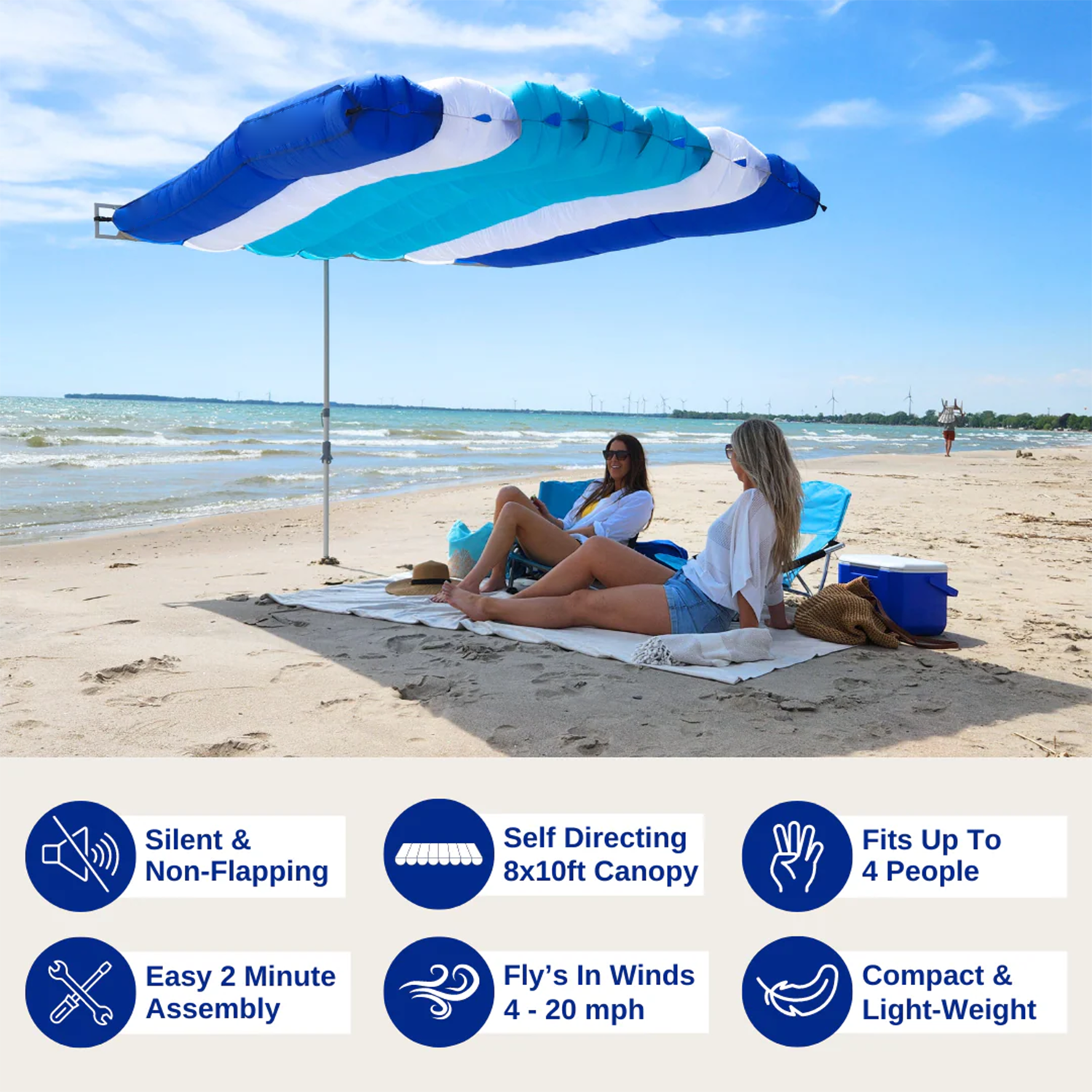 Wind-resistant, inflatable, silent beach sun canopy