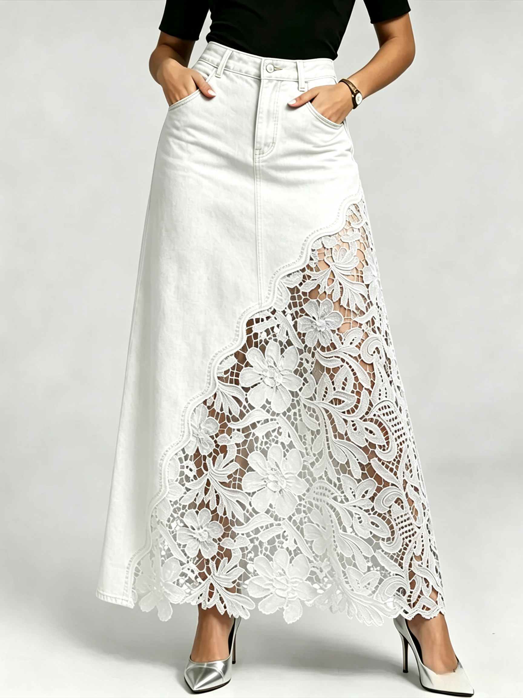 Stylish & Sexy ❤️‍🔥 Lace-paneled Cutout Denim Skirt