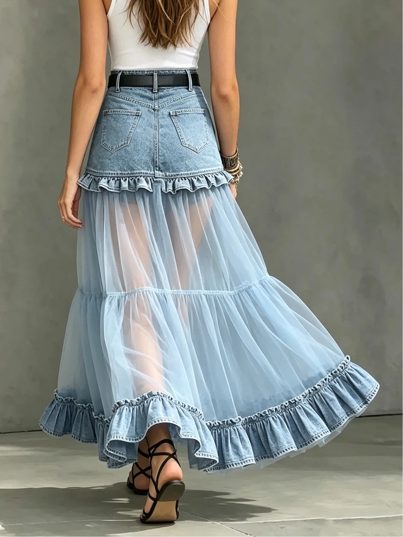 Casual Denim-paneled Chiffon Ruffled Skirt