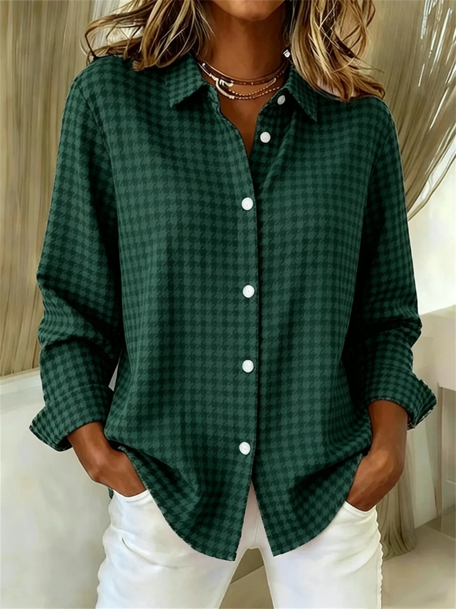 CLEARANCE SALE🔥Women's Long Sleeve Spring/Fall Houndstooth Buckle Shirt