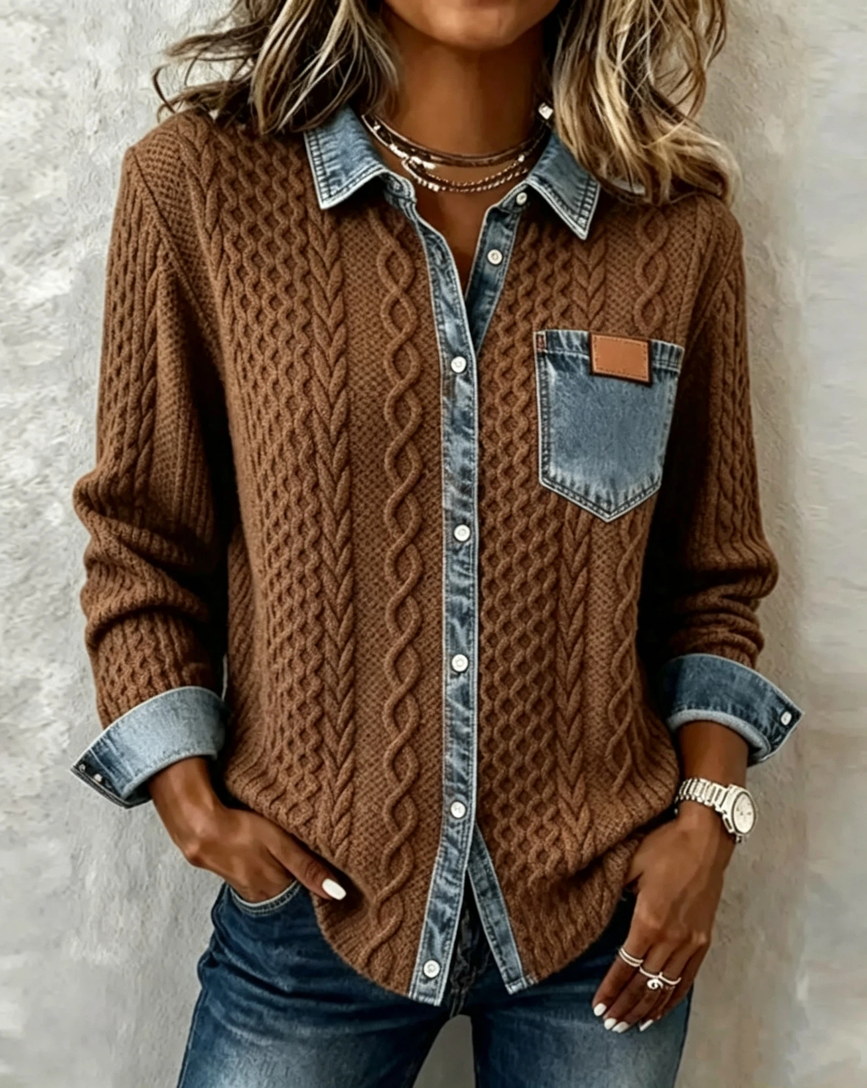CLEARANCE SALE🔥 Long-Sleeve Shirt with Denim Patchwork
