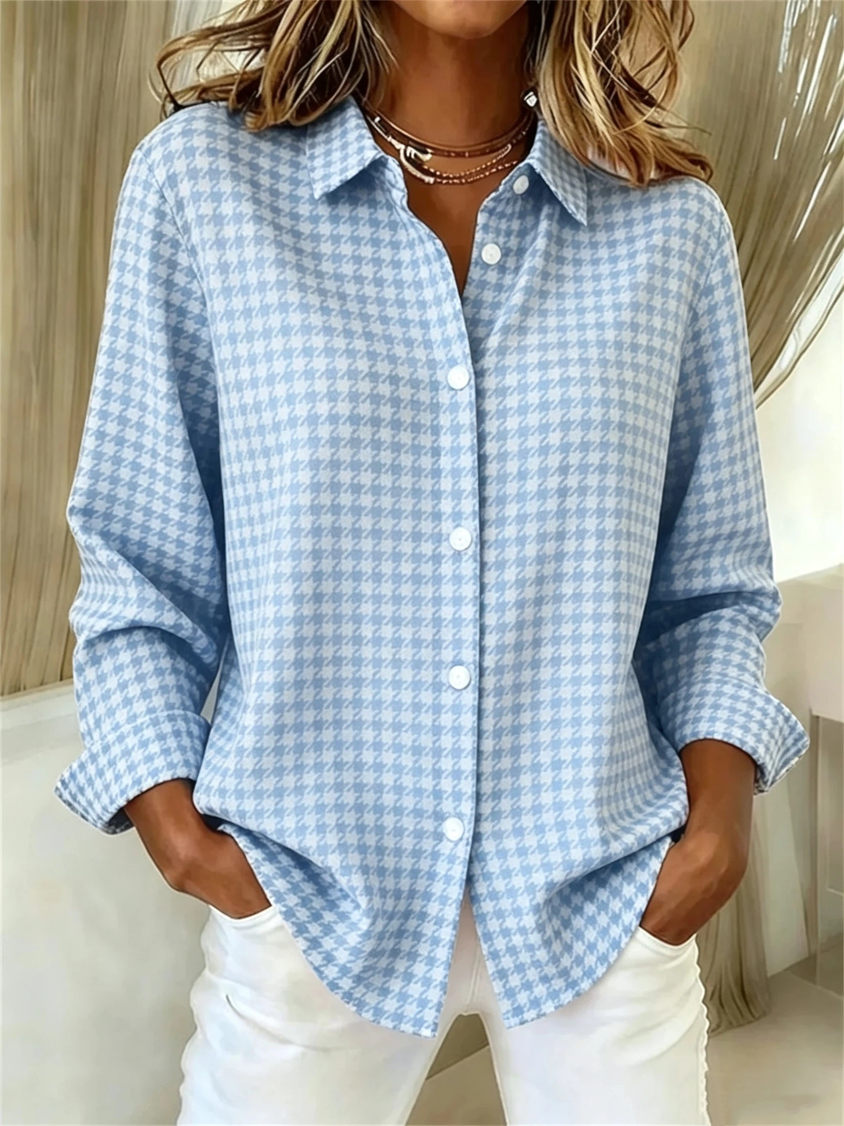 CLEARANCE SALE🔥Women's Long Sleeve Spring/Fall Houndstooth Buckle Shirt