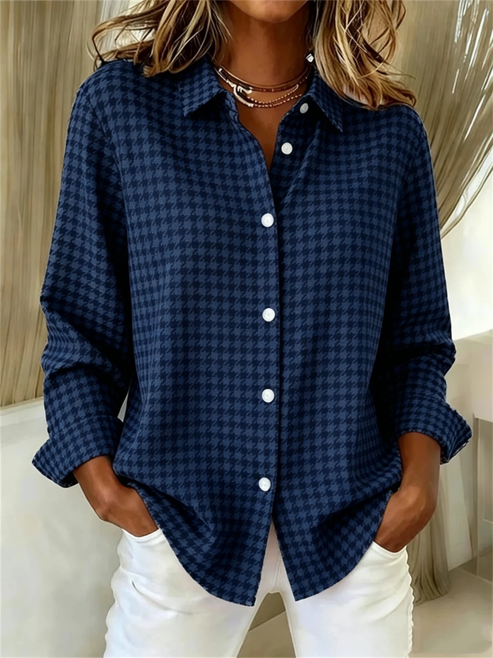 CLEARANCE SALE🔥Women's Long Sleeve Spring/Fall Houndstooth Buckle Shirt