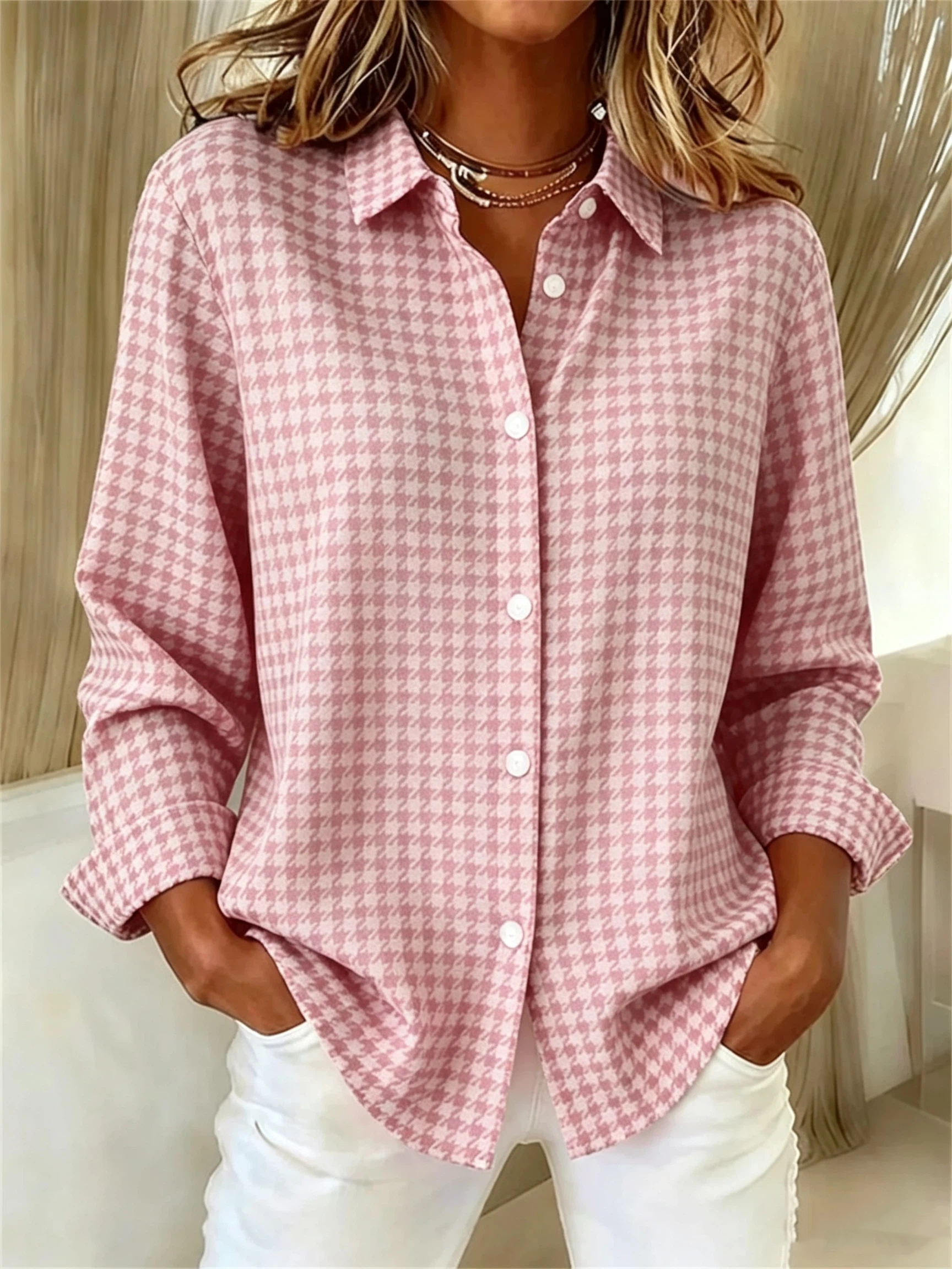 CLEARANCE SALE🔥Women's Long Sleeve Spring/Fall Houndstooth Buckle Shirt