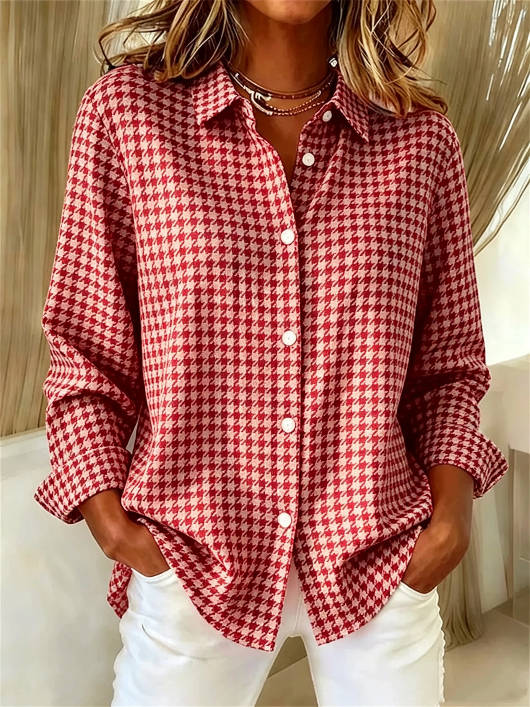 CLEARANCE SALE🔥Women's Long Sleeve Spring/Fall Houndstooth Buckle Shirt