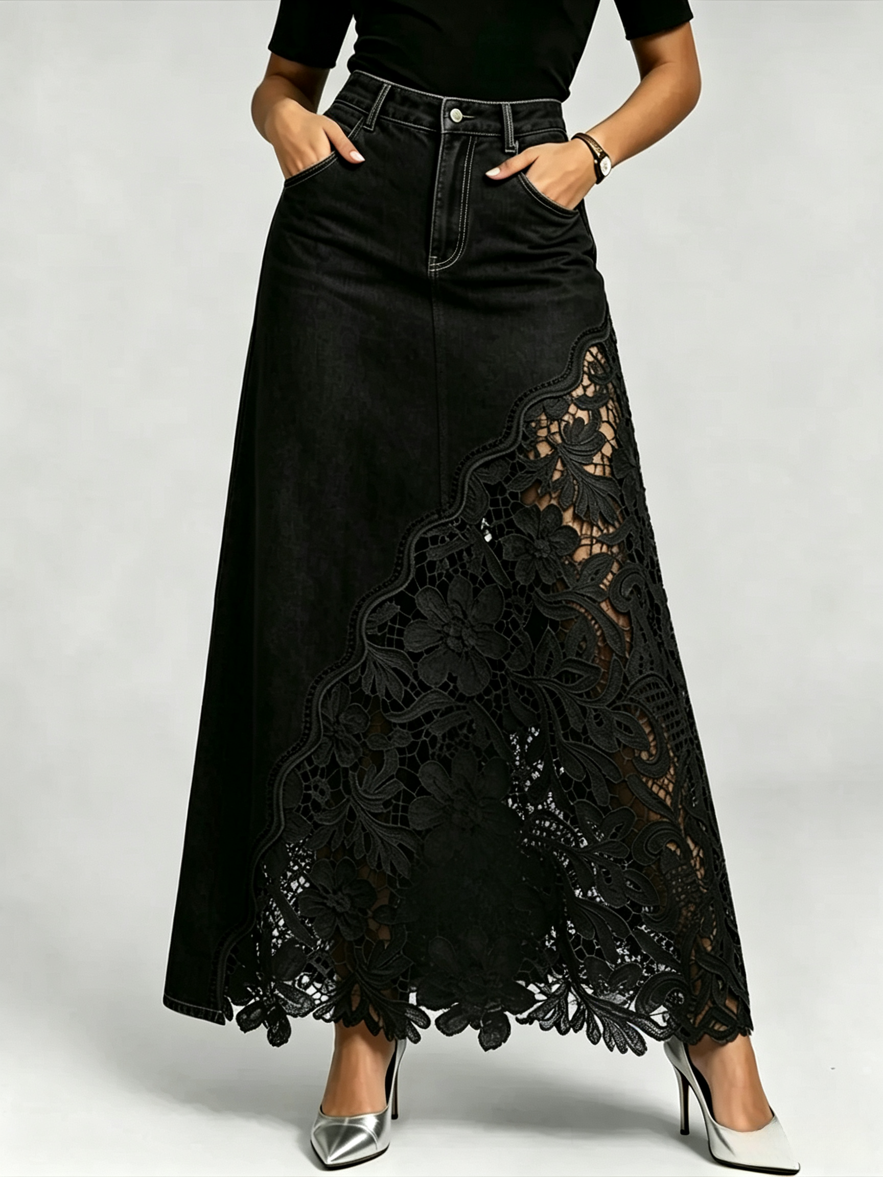 Stylish & Sexy ❤️‍🔥 Lace-paneled Cutout Denim Skirt