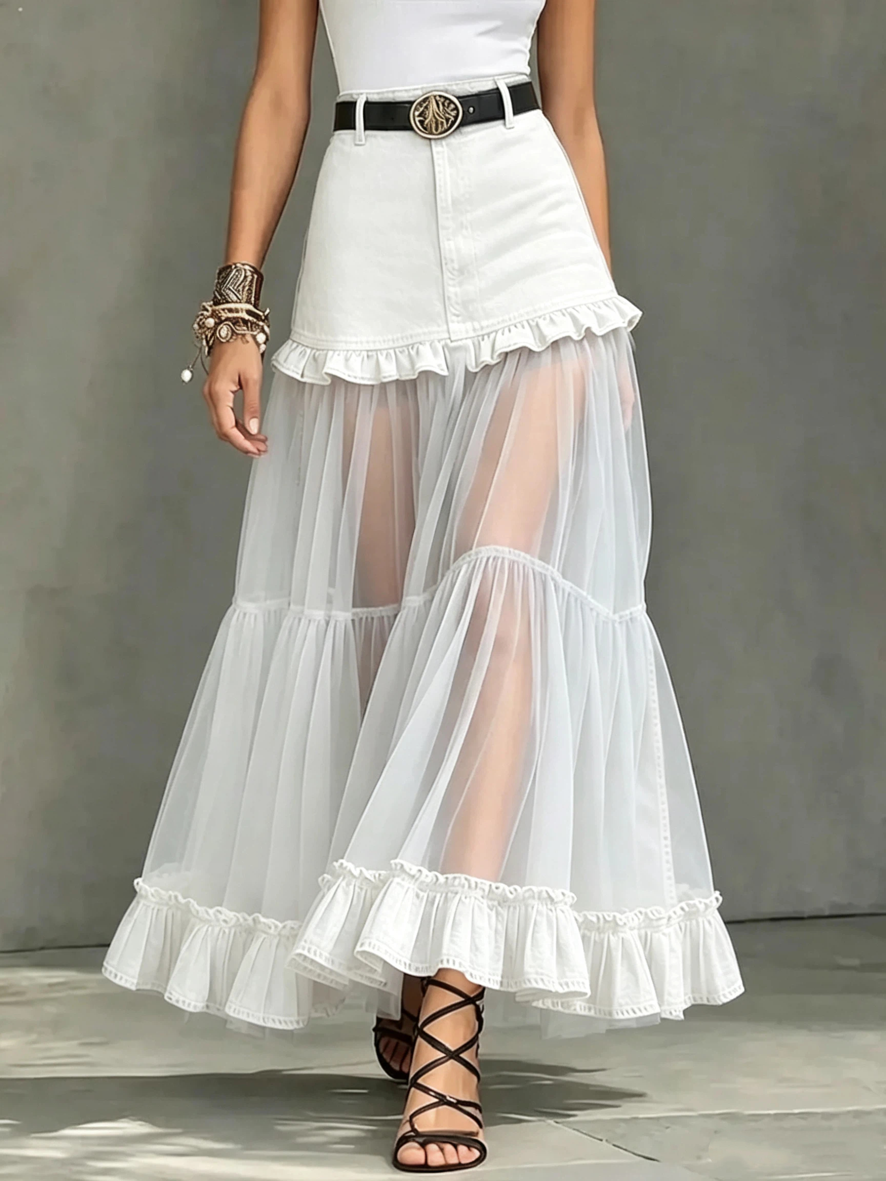 Casual Denim-paneled Chiffon Ruffled Skirt