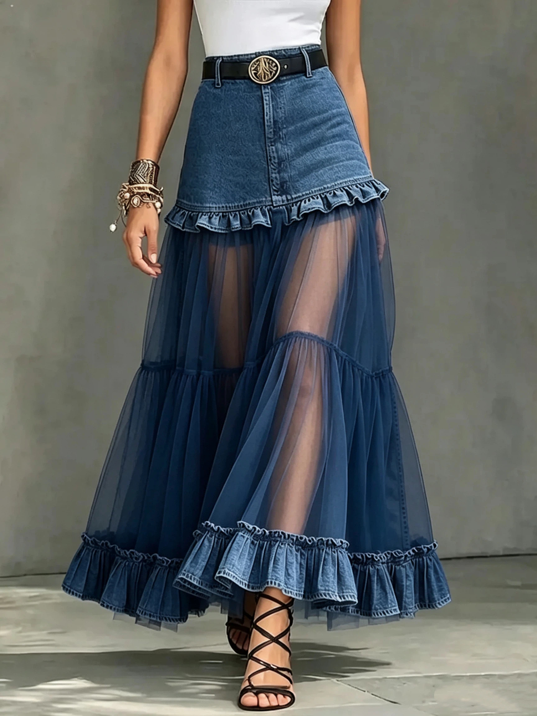Casual Denim-paneled Chiffon Ruffled Skirt