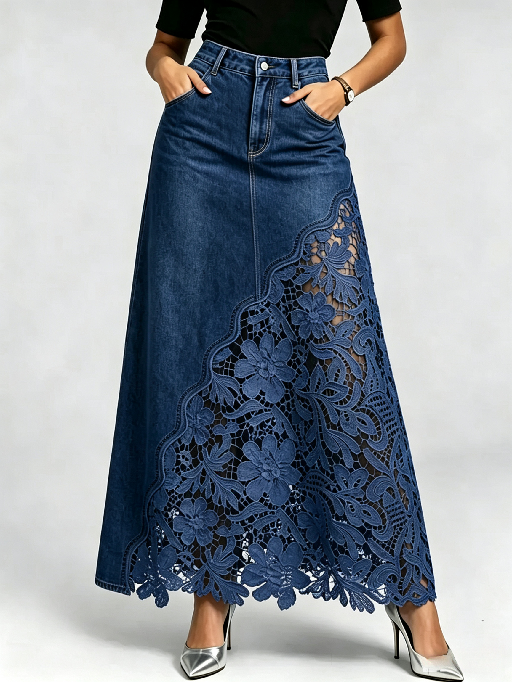 Stylish & Sexy ❤️‍🔥 Lace-paneled Cutout Denim Skirt