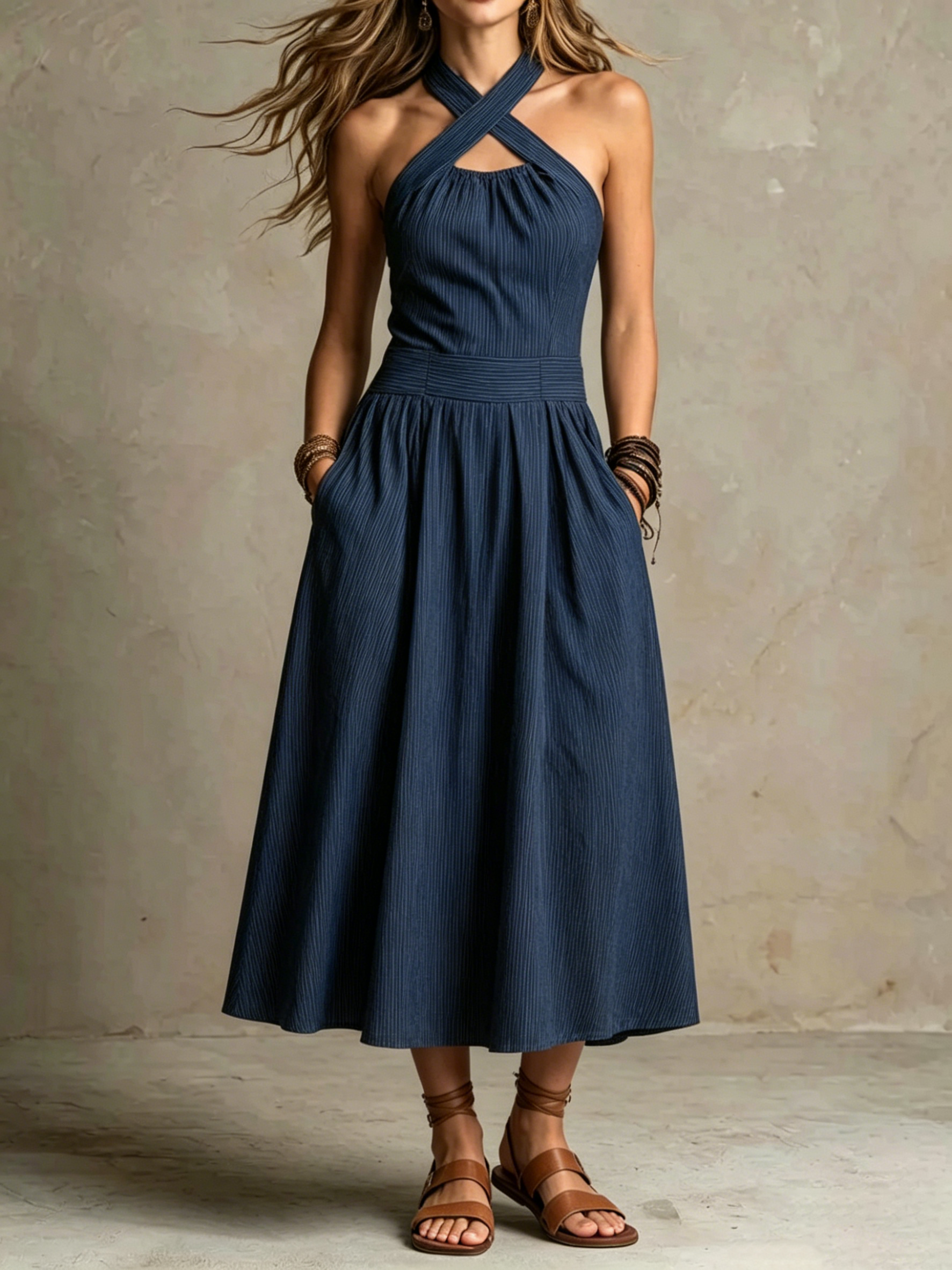Women's Cross-neck Halter Design Cotton-linen Dress