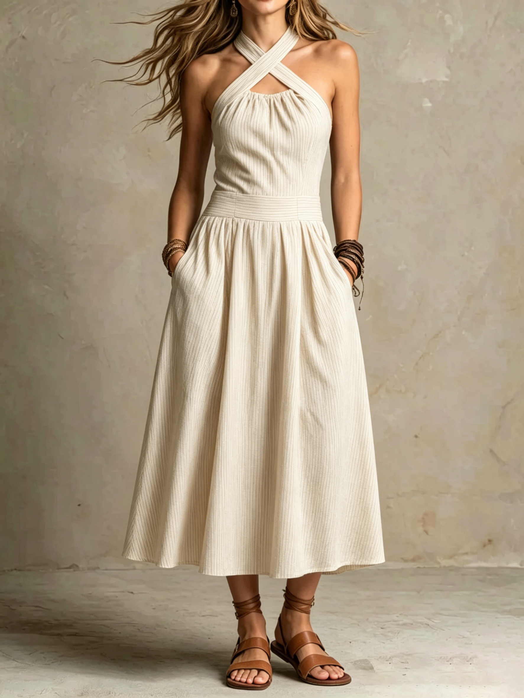 Women's Cross-neck Halter Design Cotton-linen Dress