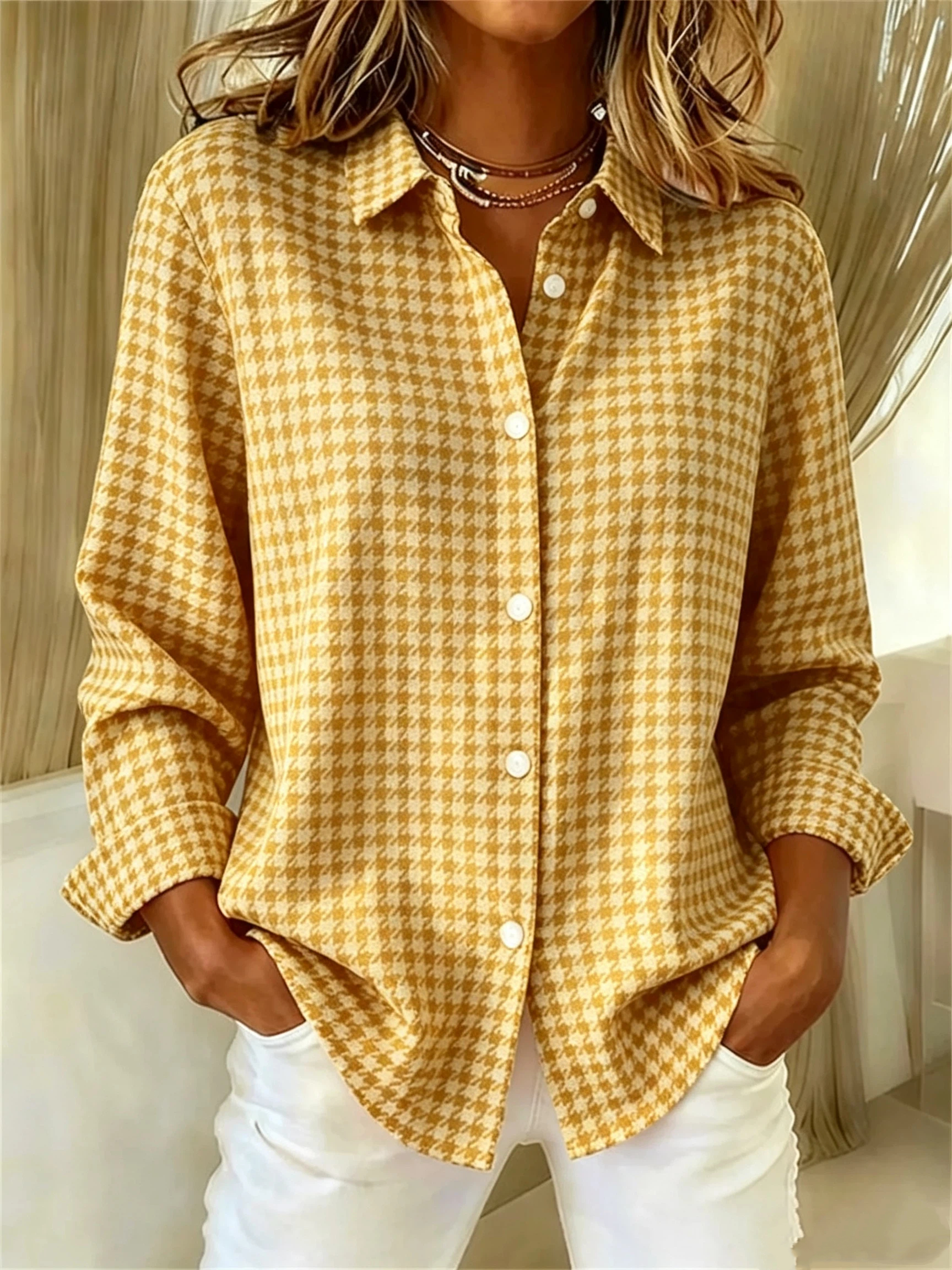 CLEARANCE SALE🔥Women's Long Sleeve Spring/Fall Houndstooth Buckle Shirt