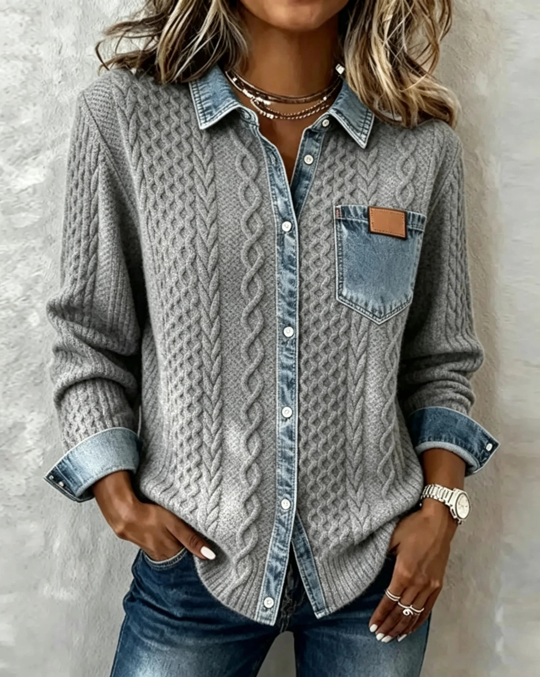CLEARANCE SALE🔥 Long-Sleeve Shirt with Denim Patchwork