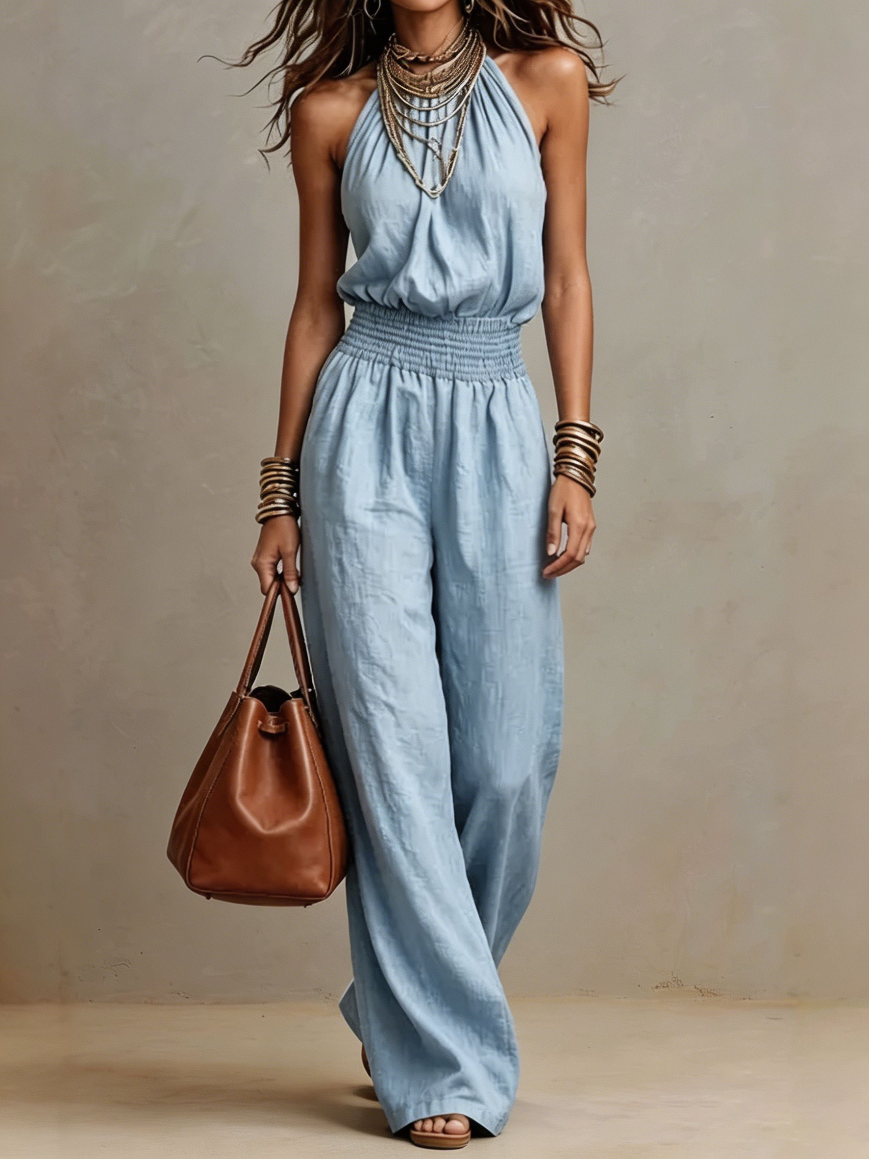 Tan Cotton Linen Halter Neck Smocked Waist Wide Leg Jumpsuit