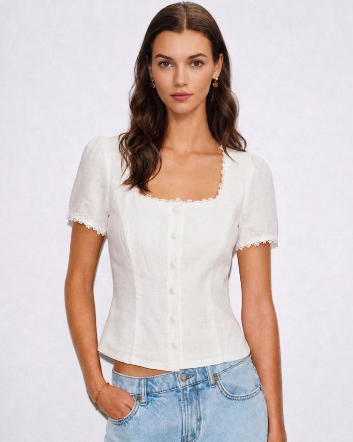 Navy Square Neck Button Blouse