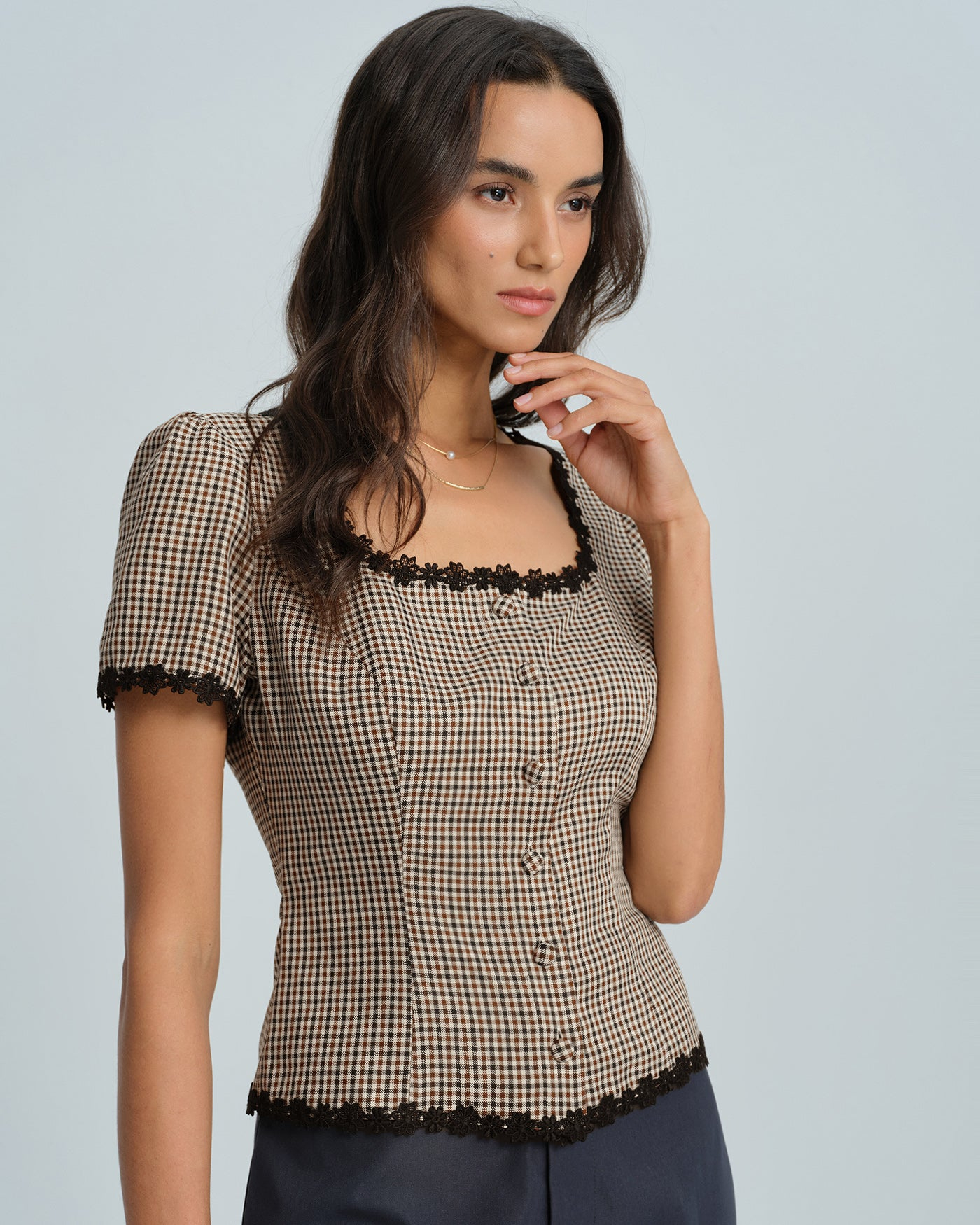 Navy Square Neck Button Blouse