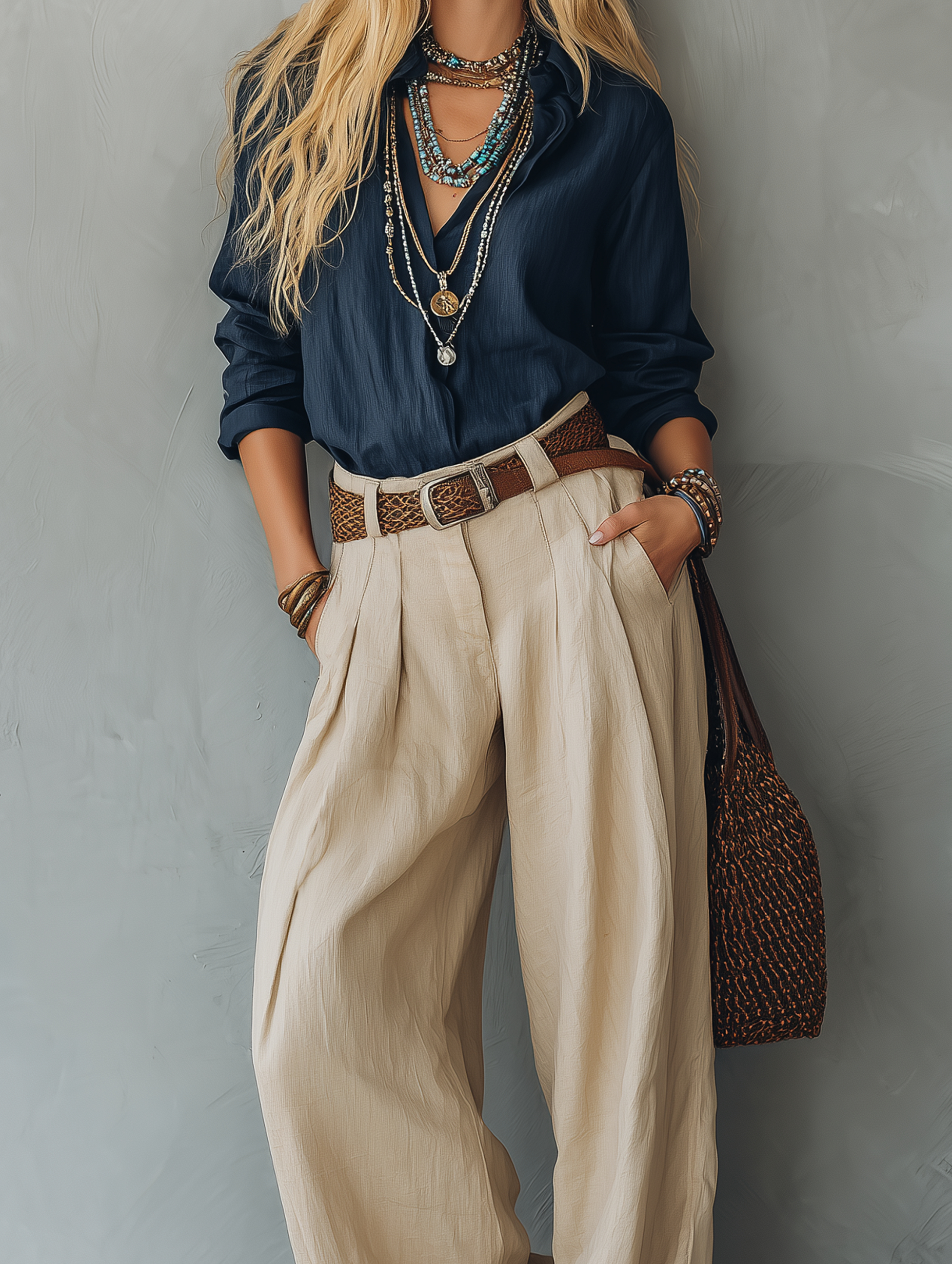 Women's Blouse & Wide-Leg Pants Set – Loose Fit Two-Tone 2-Piece